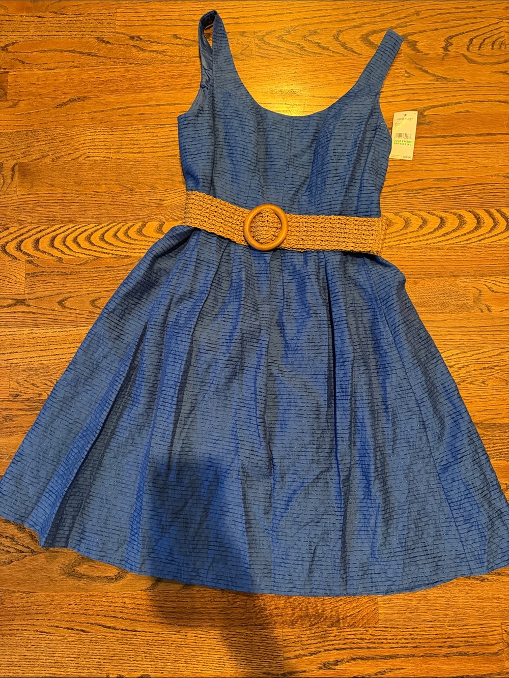 Ladies Nine West blue Sleeveless Fit-and-Flare Dress with Woven Belt Sz 8 petite
